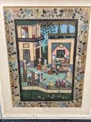 Asian School : Figures by a temple, watercolour with gilded highlights,