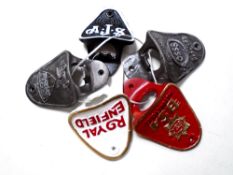 Five cast iron bar bottle openers baring advertisements including BSA, Royal Enfield, SO etc.