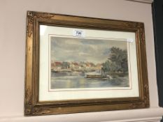 Nineteenth Century School : A Barge on a River with Figures and Dwellings Beyond, watercolour,