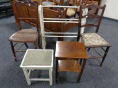Two Edwardian bedroom chairs together with a painted towel rail, a painted stool,
