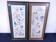 Two oriental needlework panels depicting figures in traditional dress and flowers,