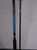 Two one-piece fishing rods, a Daiwa Super Sensor boat rod and a Berkley Lightning rod.