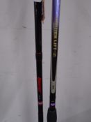 Two one-piece fishing rods, a Daiwa Powerlift-Z and a Penn Rampage.