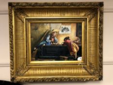 A continental over painted print on panel : Children playing cards,