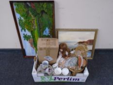 A box containing porcelain headed dolls, Lady Beth hunting pattern tea china,