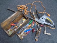 A box containing a metal toolbox containing assorted hand tools, Record woodworking plane,