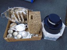 A box containing a large silver plated twin handled serving tray on raised feet, Japanese tea ware,