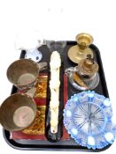 A tray containing a pair of French copper embossed wine cups, tourist carving of elephants,