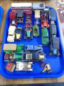 A tray containing a collection of play-worn die cast vehicles including matchbox,