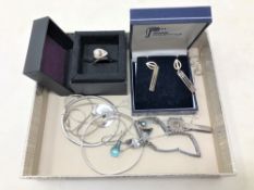 A small quantity of sterling silver jewellery to include ring, Rennie Mackintosh earrings,