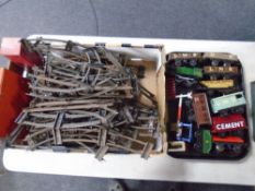 A tray and box of Hornby 0 gauge trains to include locomotives, rolling stock,