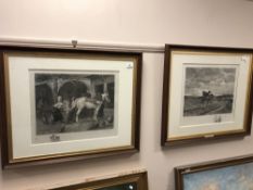 Abel Mignon after Meissonier : A blacksmith shoeing a horse, engraving, with engraved remarque,