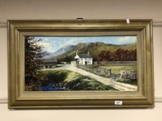 Dallas Taylor : white farmhouse with mountains beyond, oil on board,
