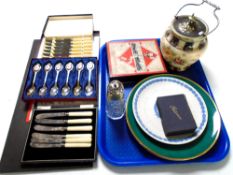 A tray containing cased cutlery, Wedgwood Jasperware commemorative plate,