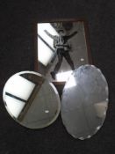 Two 20th century frameless bevel edged mirrors together with an Elvis Presley picture mirror.