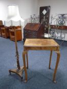 A 19th century brass inlaid pole screen converted into a standard lamp together with a burr walnut