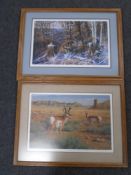 A signed limited edition print after Michael Sieve : Oak Ridge Battle, depicting two stags rutting,