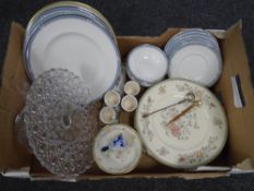 A box containing Royal Doulton Romsey and Minton Jasmine dinnerware, glass comport, caddy spoon etc.