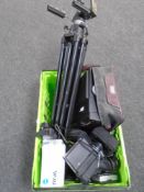 A crate containing Manfrotto professional tripod, a Baurn projector together with assorted cameras.