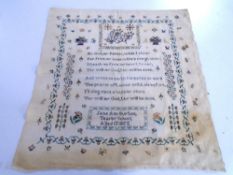 A Victorian sampler by Jane Anne Burton 1855, unframed.