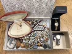 A box of costume jewellery, wristwatches,
