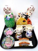 A tray containing assorted ceramics including Past Times hand painted Art Deco figure of dancers,
