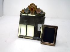 A miniature silver framed photo frame together with a further miniature bevel edged barbola mirror.