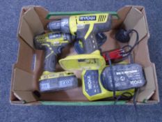 A box containing Ryobi 18v drill and impact drill with batteries and charger together with an alan