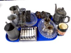 A tray containing antique and later plated wares, glassware, Royal Doulton character jug.