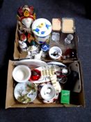 Two boxes containing Beswick sheep, lead crystal decanters, kitchen storage jars, wall plates,