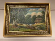 Continental school : oil on canvas, thatched barn in woodland,