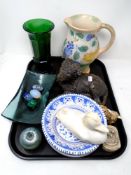 A tray containing a Royal Doulton Brangwyn ware jug, glass vase and eggs,