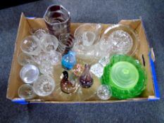 A box containing assorted 20th century glassware including Caithness vase, paperweight,