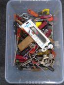 A box containing assorted hand tools including woodworking planes, screwdrivers etc.