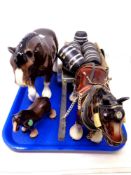 A tray of three china Shire horses, one with cart.