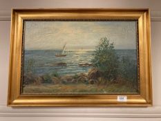 Continental school : oil on canvas, boats at sun set,