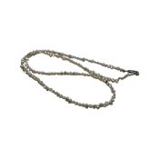 A pearl necklace on sterling silver clasp.