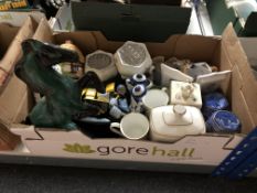 Two boxes containing pottery and glassware including Ringtons caddies, horse ornament,