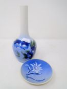 A Royal Copenhagen bud vase and shallow dish.