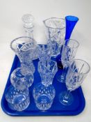A tray containing assorted glassware including a pair of Galway crystal whisky tumblers,