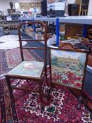 A 19th century mahogany tapestry bedroom chair and further mahogany-framed fire screen