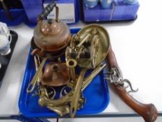 A tray of copper and brass including ornamental cannons, pistols, copper kettle.