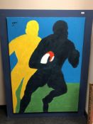 Gareth Thomas : Two rugby players, oil-on-canvas, laid to board,