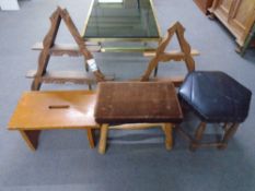 A cracket together with two foot stools and two further carved triangular bookshelves.