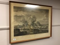 A Continental monochrome print depicting a battle scene, 86cm by 65cm.