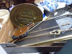 A folding spark guard together with fireside tools bellows and a plaque.