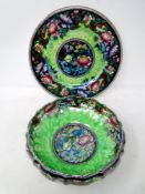 A Maling Peony flowers on green ground wall plaque with matching scalloped edged bowl