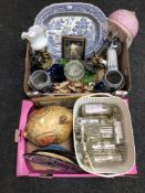 Two boxes containing an antique blue and white meat plate, table lamp with shade,