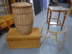 A bamboo and wicker circular glass topped occasional table together with a further lamp table,