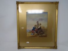 An early 20th century overpainted print depicting children by a tree stump, 19cm by 23cm.